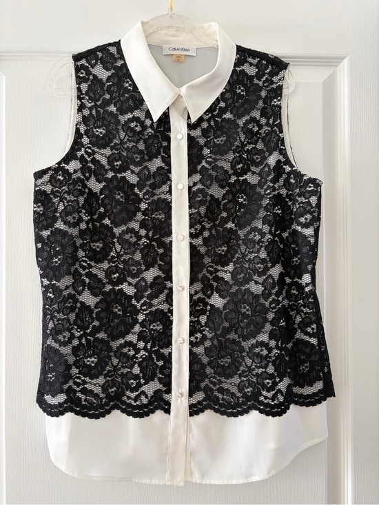 Calvin Klein Tops - Calvin Klein Black Lace Sleeveless Blouse with White Collar
